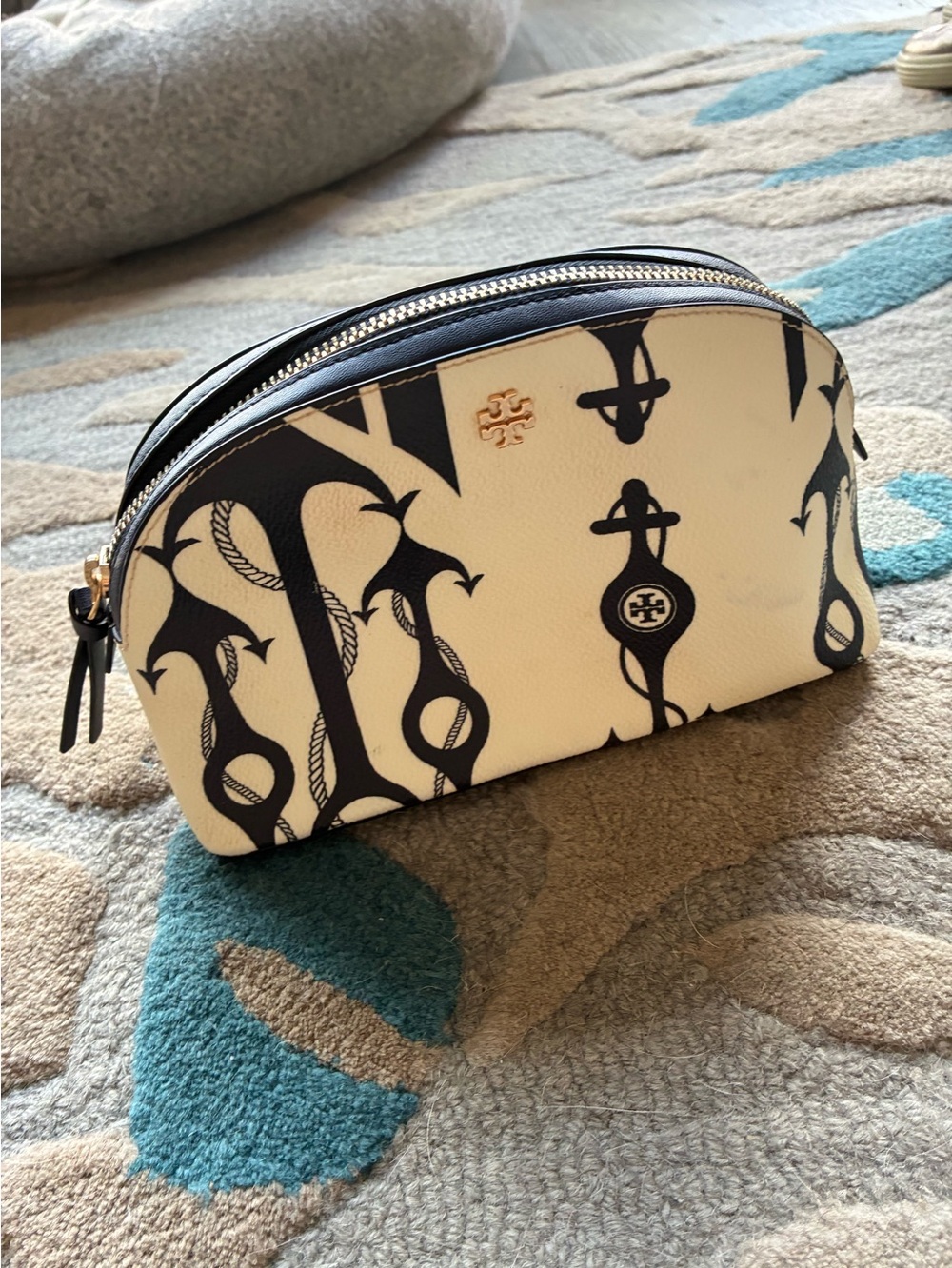 Tory Burch Cream and Black Printed Dome Cosmetic Pouch